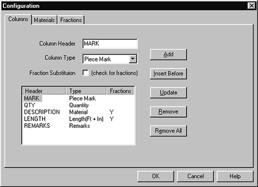 AutoCad to EJE Conversion Utility | Columns Config Window